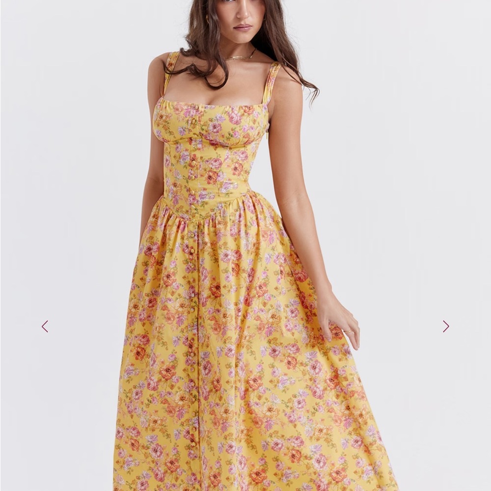 House of cb Tatiana Floral Yellow Mdi Dress - nwot, size small